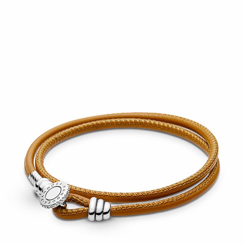 Pandora Golden Tan Double Leather Bracelet Silver Egypt EJ7529148